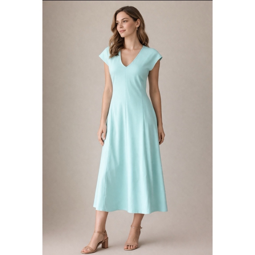 Women's V-Neck A-Line Midi Dress in Light Aqua